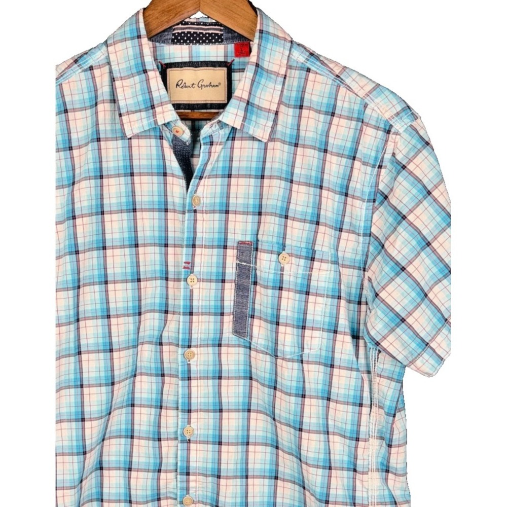 Robert Graham Tailored Fit Plaid Short Sleeve Button‎ Up Shirt Large Blue Pink